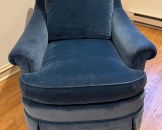 Baker Furniture Blue Velvet Upholstered Loose Back Club Chair (One Available). Measures 33" W x 34" D.