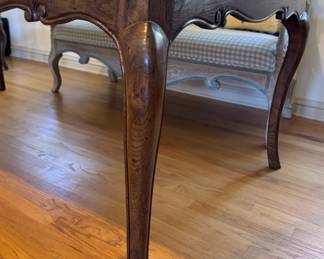 French Provincial Lattice Top Extension Dining Table. Measures 44" W x 66" L. Extends to 130" with 4 Leaves. We Love As Is But Are Impressed with Tara Shaw's Antique Finishes. How Would Amy Howard's Grey Paint Look On This Table? Ask Us For Resources! Photo 5 of 5.