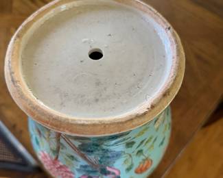 Pair of Chinese Turquoise Bird & Floral Motif Vases with Raise Gilt Ornamentation. Each Measures 18" H. Photo 5 of 5.