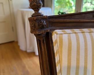 Pair of French Provincial Fireside Arm Chairs with Hand-Carved Acorn Finials. Chairs Are Upholstered in Yellow & White Stripe Cotton Fabric with Coordinating Trim. Each Measures 25" W with 9" Seat Depth. Photo 3 of 5.