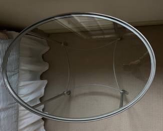 Oval Glass-Top Iron Side Table In Silver Finish. Measures 36" x 24" x 24" H. Photo 2 of 3.