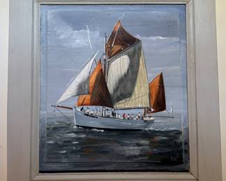 Untitled Nautical Oil Painting on Upcycled Wood Board. Signed by Artist, Annet. Photo 1 of 2.