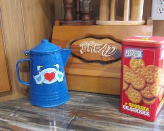 Bread box and vintage tins
