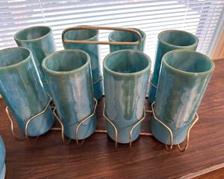 This is a beautiful MCM Pitcher and tumbler set! Teal, Greens and White! Handmade and signed by an artist! Ozark Frontier Pottery!