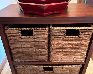 A great little side table with baskets, and a set of stackable wooden bowls! 