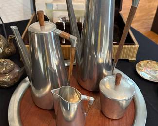 STUNNING MCM Royal Holland Pewter & Teak Wooden Coffee/Tea Set!  EIGHT piece set! All original! ALL NEAR MINT! 