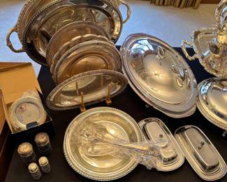 Platters, covered serving dishes, accessories! MANY new! Also, in the down left corner are two sets of Sterling over Cobalt Blue Salt and Pepper Shakers! 2 sizes! 