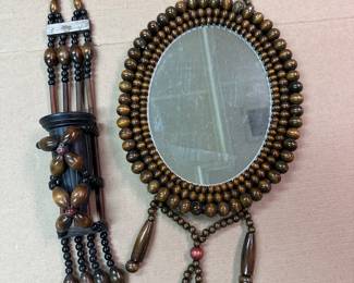 1960s Boho Beaded Mirror and Wall Pocket - Taiwan Republic of China