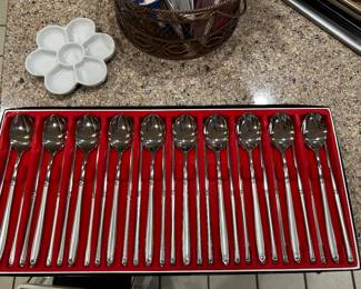 This is a STUNNING MCM Stainless Soup Spoon and Chopstick set FOR TEN! Mint in the original pkg. 