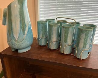 This is a beautiful MCM Pitcher and tumbler set! Teal, Greens and White! Handmade and signed by an artist! Ozark Frontier Pottery!
