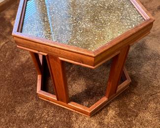 Very cool MCM Hexagon end table with  unique metal top under glass!
