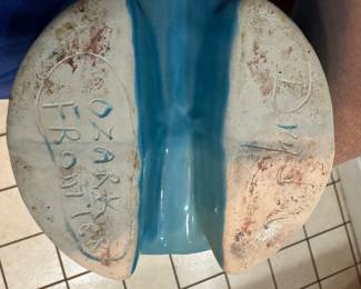 This is a beautiful MCM Pitcher and tumbler set! Teal, Greens and White! Handmade and signed by an artist! Ozark Frontier Pottery!