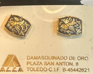 Vintage Damascene Toledo Gold Round Bird & Flower Earrings - Pierced.
