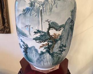 A beautiful LARGE MCM Porcelain Vase with Asian Inspired Mountain Landscape! Beautiful hand carved base! These two pieces will be sold TOGETHER! 