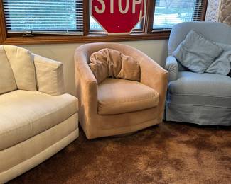 Three GREAT upholstered bedroom side chairs! All swivel and all are comfy! Tested! 