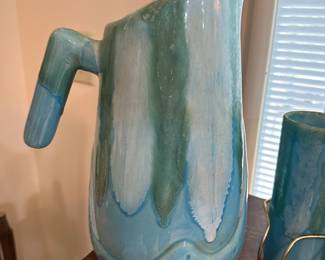 This is a beautiful MCM Pitcher and tumbler set! Teal, Greens and White! Handmade and signed by an artist! Ozark Frontier Pottery!