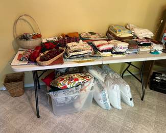 Tablecloths, placemats, napkins, napkin rings,  pillows, 