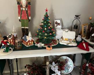 Vintage ceramic lighted Christmas tree, lighted houses, tall rustic nutcracker 