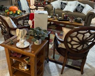 Beautiful pair of spider web back chairs, occasional tables