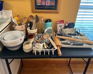 Set of heavy duty bowls in excellent condition, crock items, rolling pins & other utensils