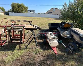 Tools, riding mower—-no battery to see if it runs, pull behind trailer