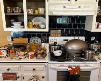 Covered roaster with lid, double boiler, Griswold #7 skillet, nice electric skillet, fall kitchen decor