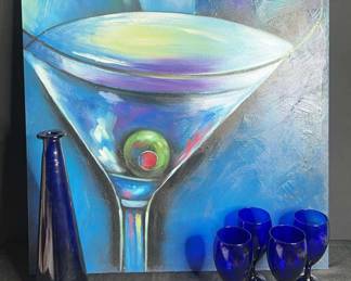 Blue Martini on Canvas, Blue Stemware, Decanter