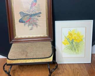 Framed Watercolors and Iron Stool