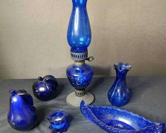 Blue Glass Oil Lamp, Bookends