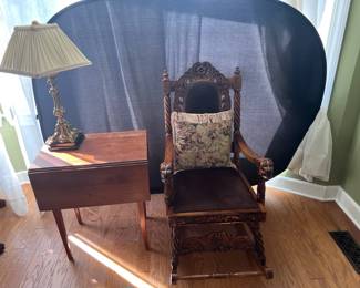 Carved Wood Rocking Chair, Side Table, Lamp