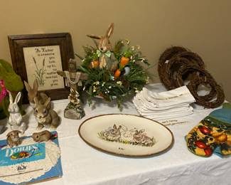 Picture, doilies, platter & rabbits