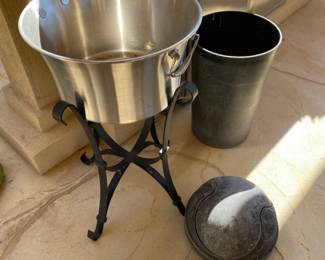 Wastebasket with cover & stainless steel ice bucket on stand 