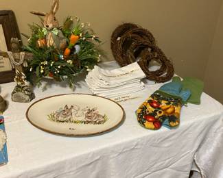 Easter decor, Easter platter, napkins, hot pads,  & another linen tablecloth
