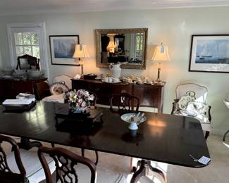 Banquet Style Dining Room Table, Mahogany, made in Winchester VA, Has 3 leaves and with them in is 9 feet long and without them it is 5 1/2 feet long, Chairs are sold separately, Have the table protector for it.