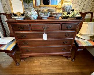 This dresser is topped with a lovely assortment of Asian Collection pieces, with two side chairs, mirror above is beautiful 