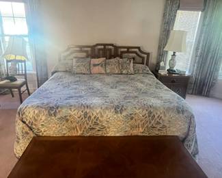MCM King Bed includes mattress, boxspring, frame, headboard. Pair of nightstands. 