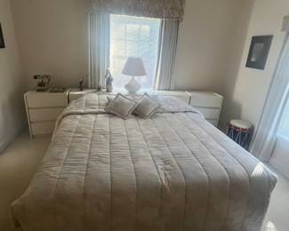 Twin Split King Mattresses, Box, and White Storage Headboard