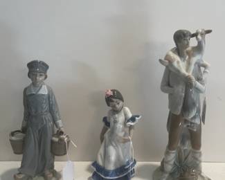 Lladro Figurines: Boy with Pails, Spanish Flamingo Dancer, and Shepherd Boy w/Goat