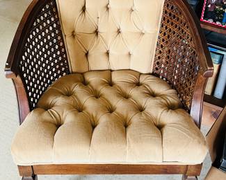 Vintage mid century wood/cane/upholstered tufted curved back tan chai