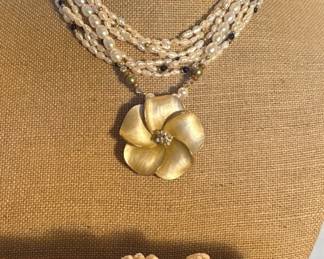 Freshwater Pearl Necklaces, 2 Bracelets Rucinni Flower Brooch