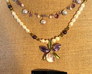 14k Cultured Freshwater Pearl Amethyst Tanzanite necklace  Rucinni brooch  pearl necklace