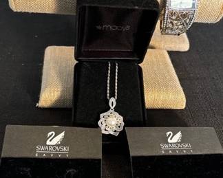 Sterling Pearl Necklace, Swarovski Earrings, Peck Peck Watch