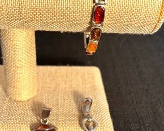 Sterling Amber Pendants Bracelet