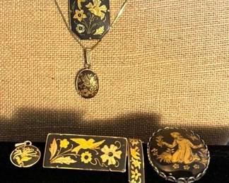 Damascene Black Gold Pendant Set W Virgo Zodiac Cameo