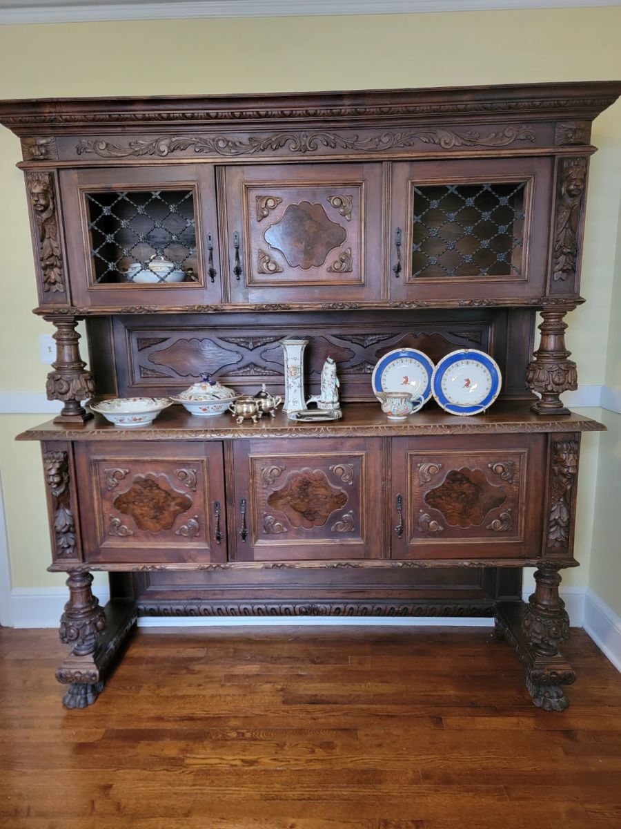 Grand Scale Tudor Revival Server, a two part form.  Left to Right, Madson's Ironstone Serving pieces, Silver Plate C&S, Centre: two French armorial 19th century porcelains by Edme Sampson, pair of Chamberlain Wooster rimmed soup plates. A "Hog Nose" Rose Medallion cream pitcher.