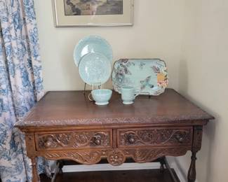 19th Century Tudor Revival Oak Table, Service for Eight, Fitz & Floyd "English Garden"  Celadon China.