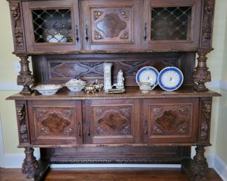 Grand Scale Tudor Revival Server, a two part form.  Left to Right, Madson's Ironstone Serving pieces, Silver Plate C&S, Centre: two French armorial 19th century porcelains by Edme Sampson, pair of Chamberlain Wooster rimmed soup plates. A "Hog Nose" Rose Medallion cream pitcher.