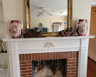 Pair of Grand Scale Mantel Vases,  pair of carved Griffins & Gilt Framed Mirror.