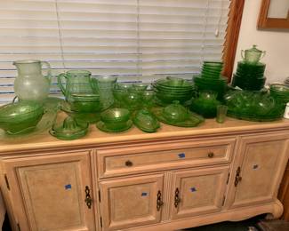 Vintage Uranium Glass, Vintage Uranium Glass "cherry" pattern 12 place setting set