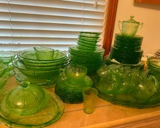 Vintage Uranium Glass Cherry Blossom Full Dining Set - 12 place settings and serving pieces